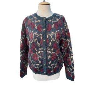Vintage EWM Pure Classics Red Mohair Blend Button Cardigan Sweater Medium